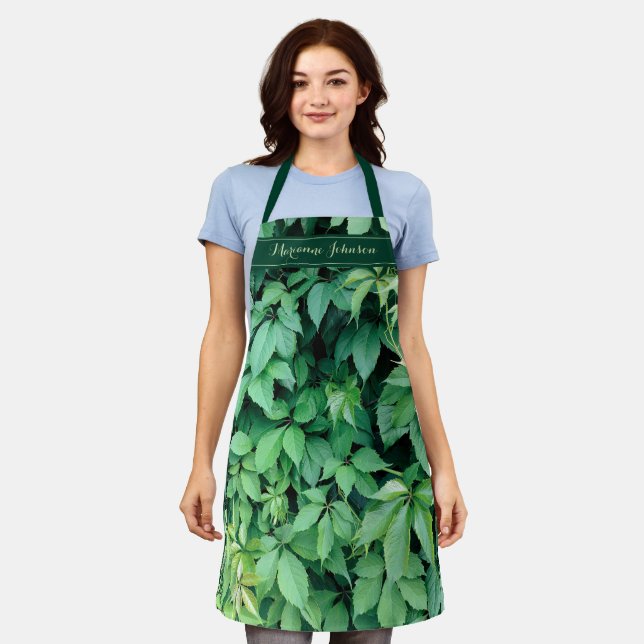 Green Grape Leaves Monogram Name Apron (Worn)