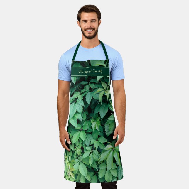 Green Grape Leaves Monogram Name Apron (Worn)