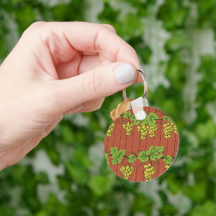Green Grape Vine Pattern on Rustic Wood Keychain