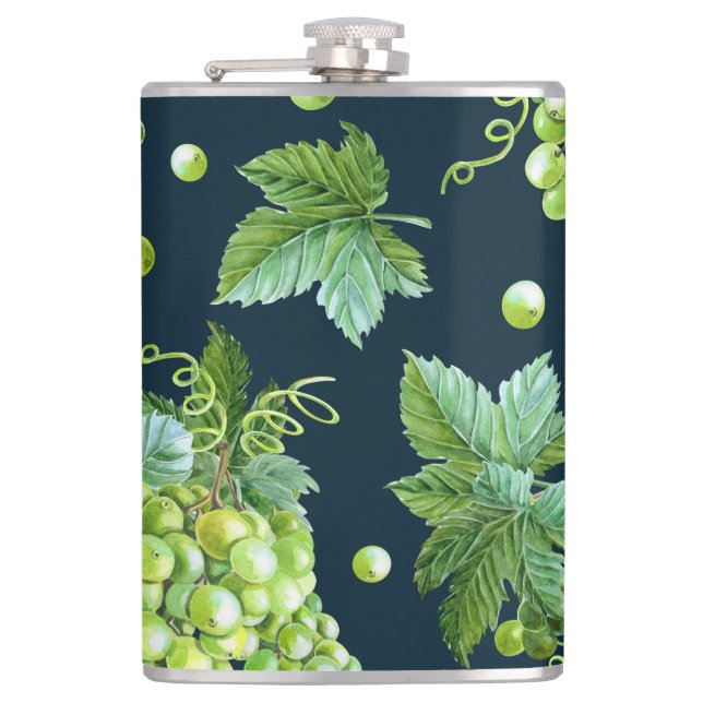 Green Grape: Watercolor Dark Pattern Flask (Front)