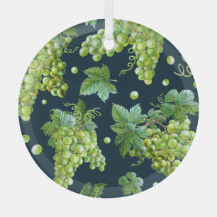 Green Grape: Watercolor Dark Pattern Glass Ornament