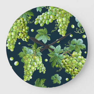 Green Grape: Watercolor Dark Pattern Large Clock