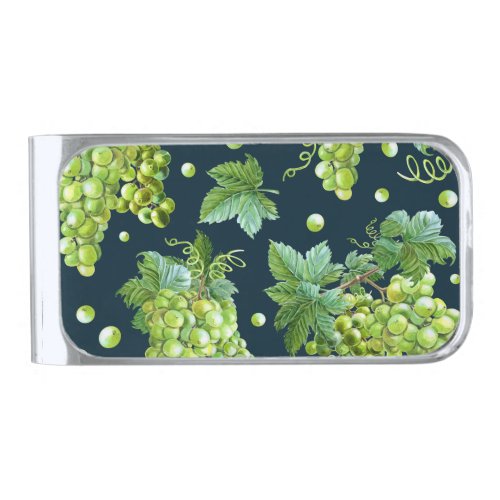 Green Grape Watercolor Dark Pattern Silver Finish Money Clip