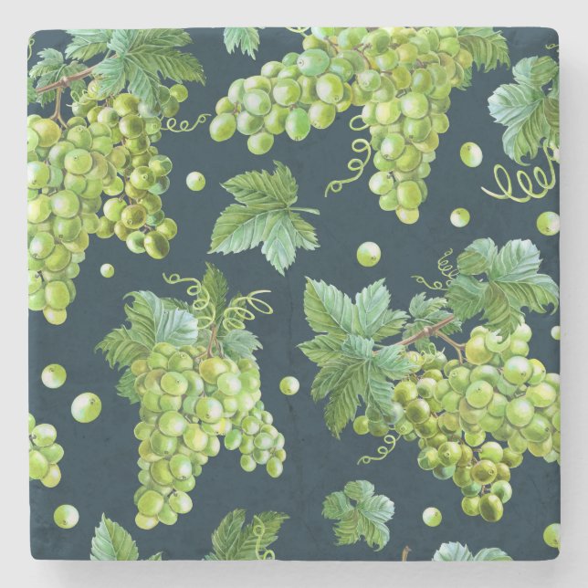 Green Grape: Watercolor Dark Pattern Stone Coaster (Front)