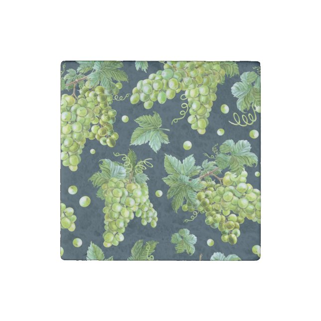 Green Grape: Watercolor Dark Pattern Stone Magnet (Front)