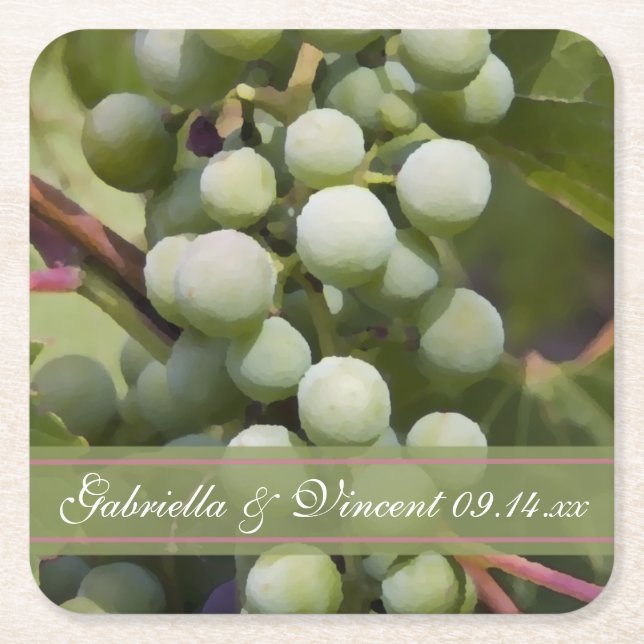 Green Grapes Vineyard Wedding Square Paper Coaster (Front)