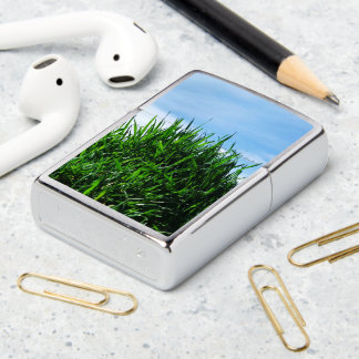 Green grass against the background of the endless  zippo lighter