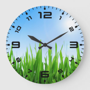 Green Grass Blue Sky Scenery Large Clock