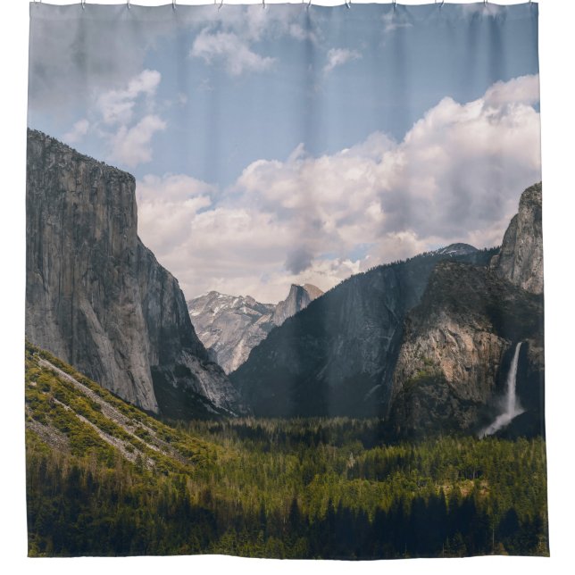 GREEN GRASS FIELD NEAR ROCKY MOUNTAIN UNDER WHITE  SHOWER CURTAIN (Front)