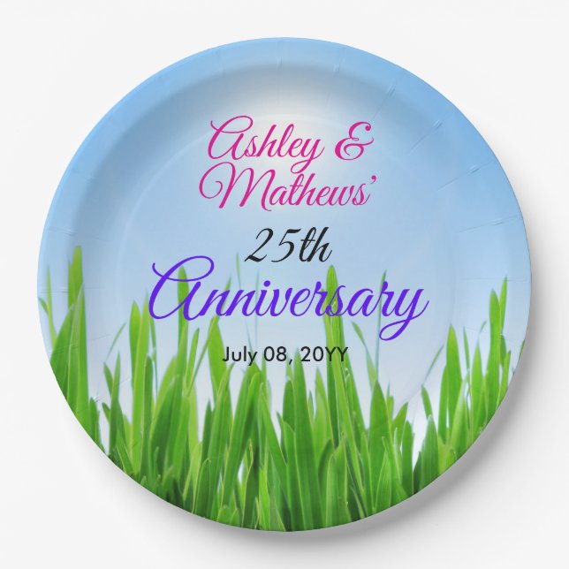 Green Grass Garden with Blue Sky Design Paper Plates (Front)