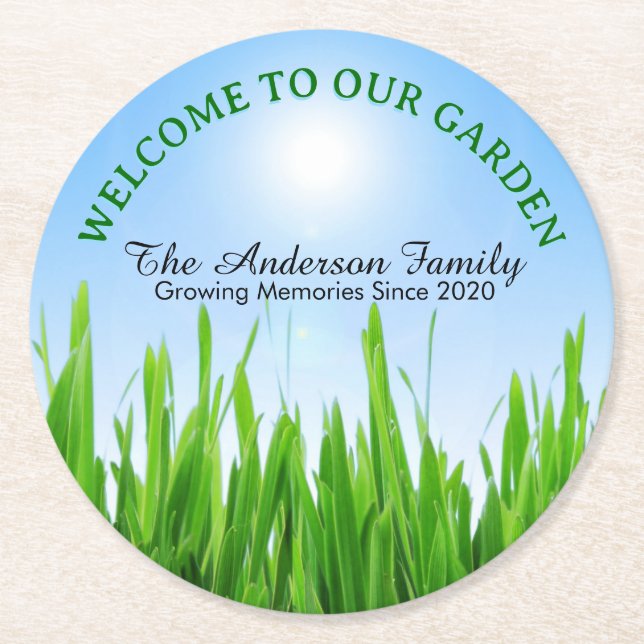 Green Grass Garden with Blue Sky Design Round Paper Coaster (Front)