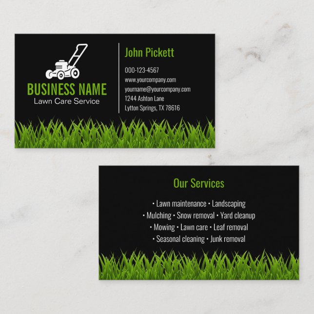 Green Grass Lawn Care Mowing Landscaping Business Card (Front/Back)
