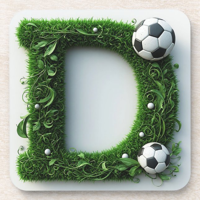 Green Grass Letter D Topiary With Soccer Ball Beverage Coaster (Front)
