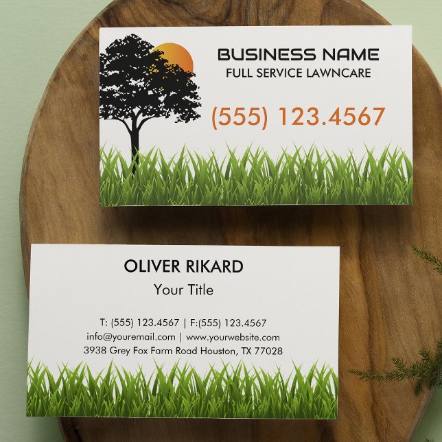 Green Grass Sunset Tree Landscaping Business Card (Creator Uploaded)