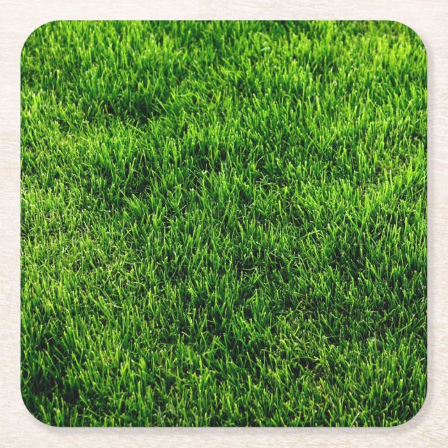 Green grass texture from a soccer field square paper coaster (Front)