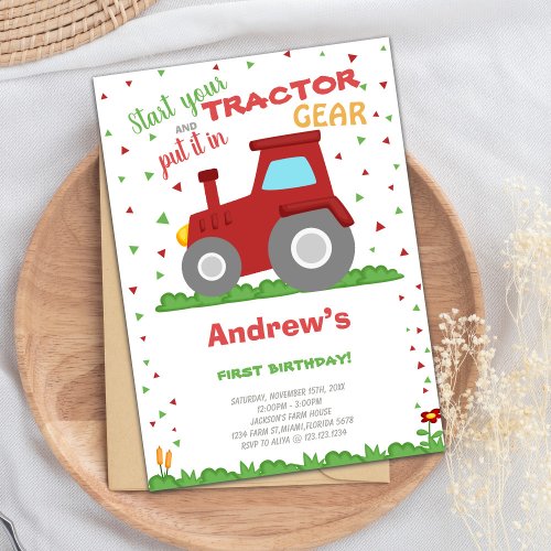 Green Grass Tractor Birthday Invitations