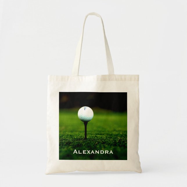 Green Grass Turf and Golf Ball / Tee, Personalized Tote Bag (Front)