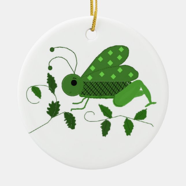 Green Grasshopper Ceramic Ornament (Front)