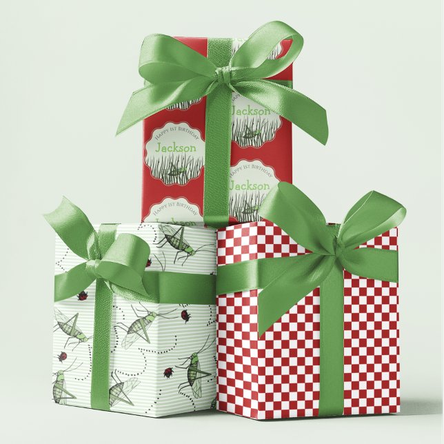 Green Grasshopper & Ladybug Kids Insects Birthday Wrapping Paper Sheets (Cute Grasshopper Gift Wrap. Hand Drawn Grasshoppers  & Ladybugs, Red Checkered, Custom Kids Birthday)