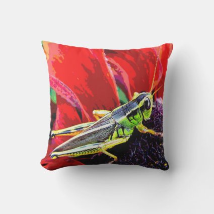 Green Grasshopper on Red Animal Outdoor Pillow