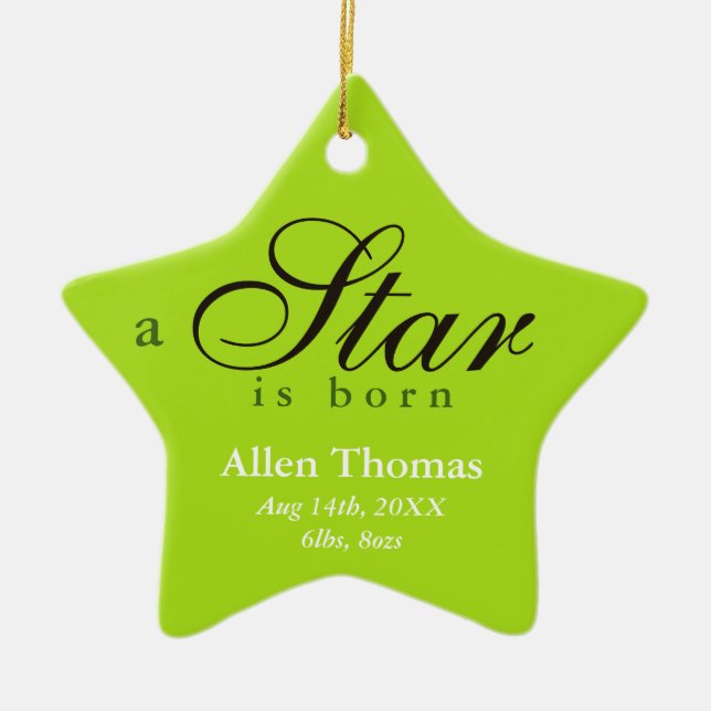 Green gray a star is born baby name announcement ceramic ornament (Front)