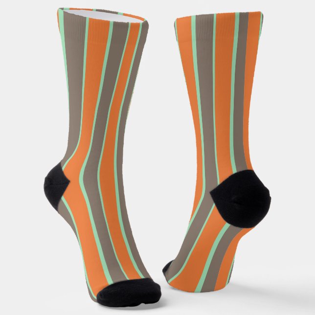 Green, gray and orange stripes pattern socks (Angled)