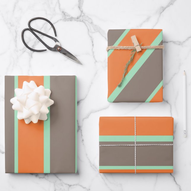 Green, gray and orange stripes pattern wrapping paper sheets (Front)