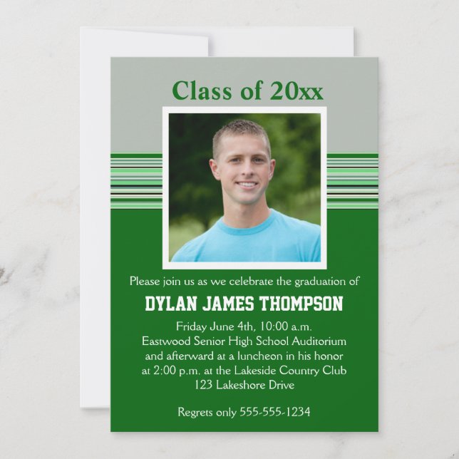 Green, Gray, and White Photo Graduation Invitation (Front)
