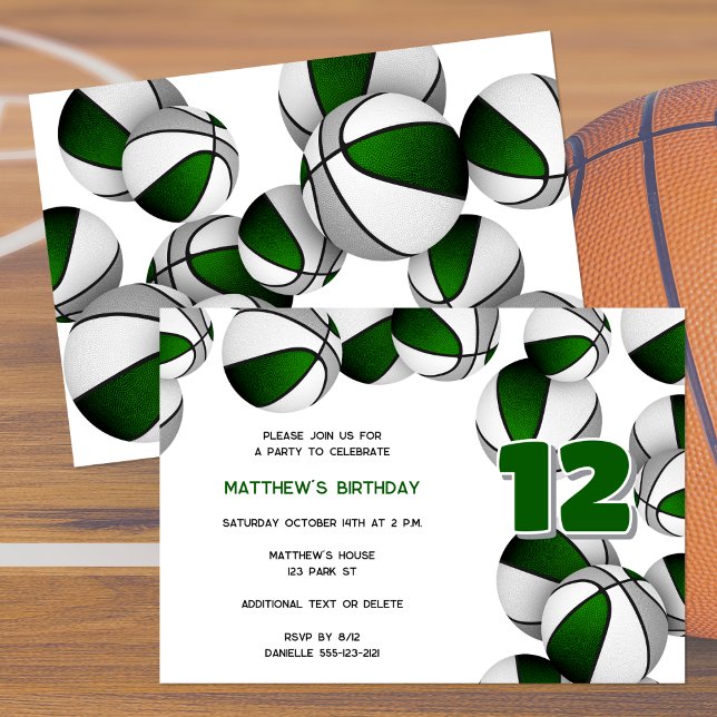 green gray basketballs girls boys birthday party invitation (front & back views)