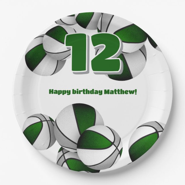 green gray basketballs girls boys sports party paper plates (Front)