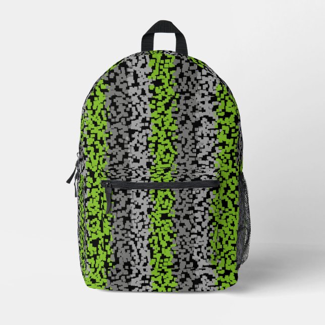 Green gray black digital pixelated stripes printed backpack (Front)