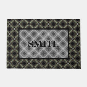 Green, Gray, Black Ribbon Tiles Pattern Monogram Doormat