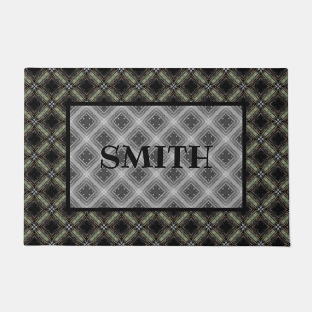 Green, Gray, Black Ribbon Tiles Pattern Monogram Doormat (Front)