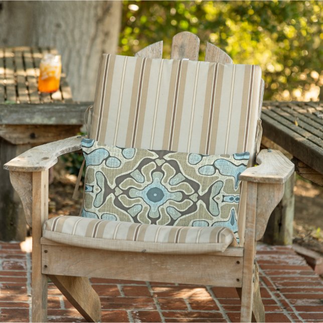 Green Gray Blue Teal Ochre Taupe Brown Tribal Art Lumbar Pillow (Chair)