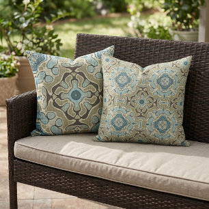 Green Gray Blue Teal Ochre Taupe Brown Tribal Art Outdoor Pillow