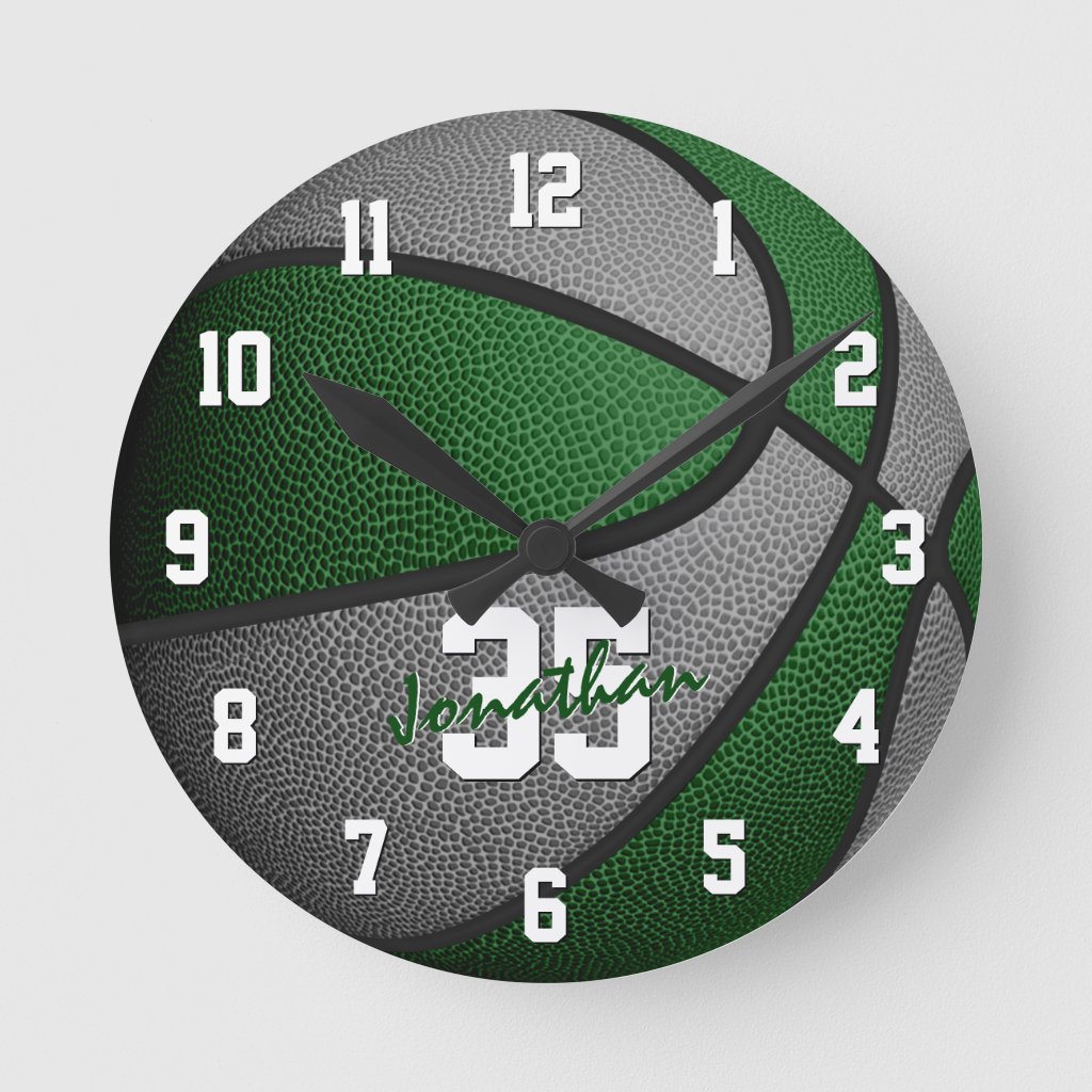 green gray boys girls basketball personalized round clock