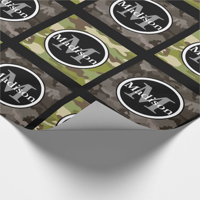 Green & Gray Camouflage w/Name & Monogram Wrapping Paper (Corner)