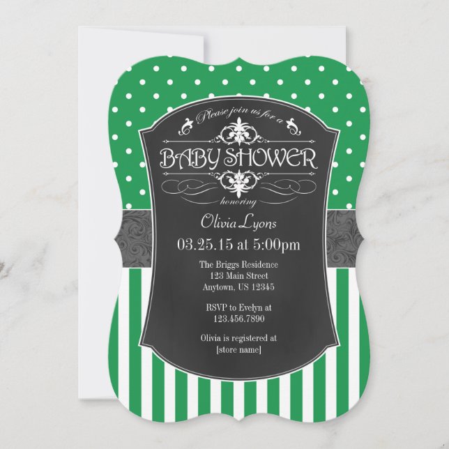Green Gray Chalkboard Stripes Baby Shower Invite (Front)