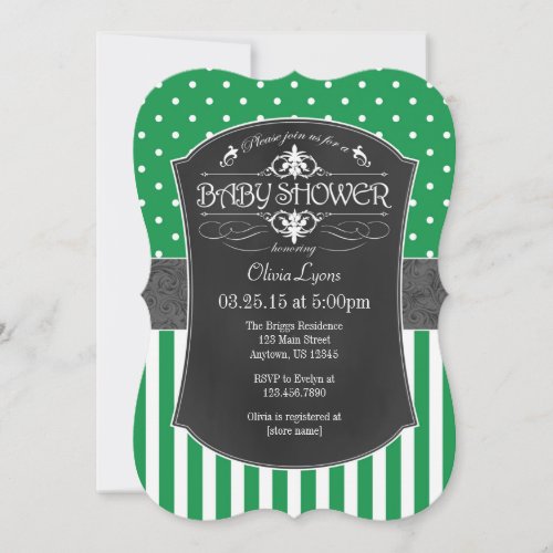 Green Gray Chalkboard Stripes Baby Shower Invite