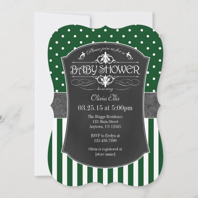 Green Gray Chalkboard Stripes Baby Shower Invite (Front)