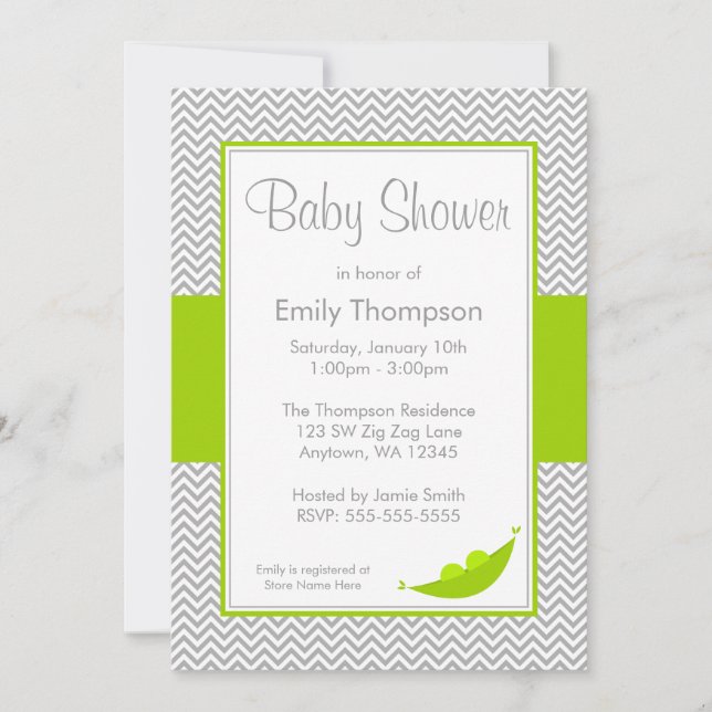 Green Gray Chevron Pea Pod Baby Shower Invitations (Front)