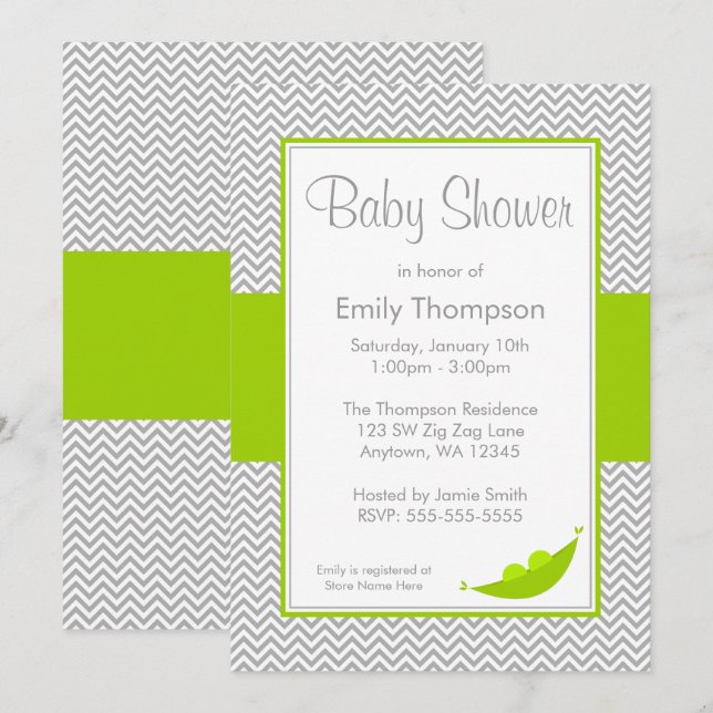 Green Gray Chevron Pea Pod Baby Shower Invitations (Front/Back)
