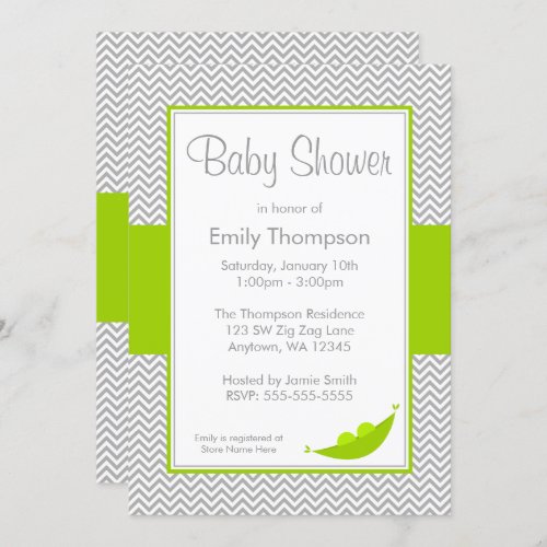 Green Gray Chevron Pea Pod Baby Shower Invitations
