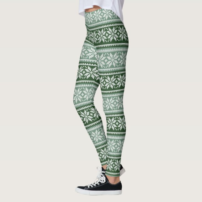 Green Gray Christmas Poinsettia Faux Knit Pattern Leggings (Left)