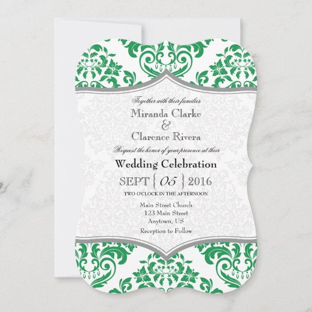 Green Gray Damask Bracket Wedding Invite (Front)