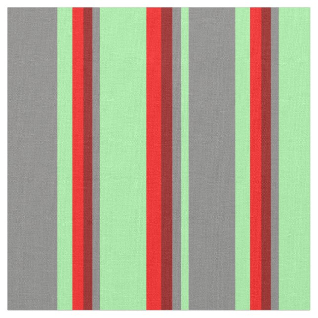 Green, Gray, Dark Red & Red Lines/Stripes Pattern Fabric (Close Up)