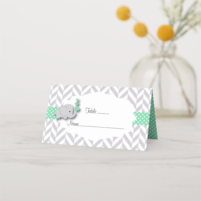 Green & Gray Elephant Baby Shower | Double-Sided Place Card (Front)
