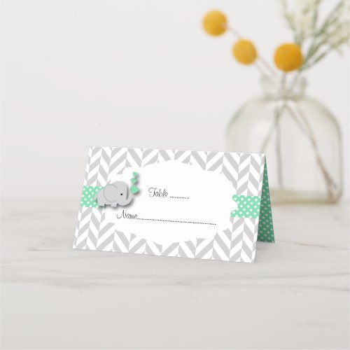 Green  Gray Elephant Baby Shower  Double_Sided Place Card