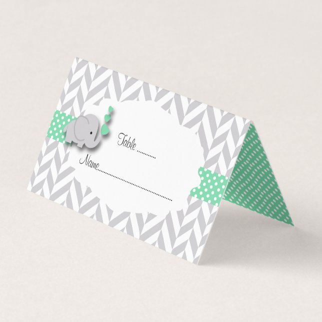 Green & Gray Elephant Baby Shower | Place Cards (Front)
