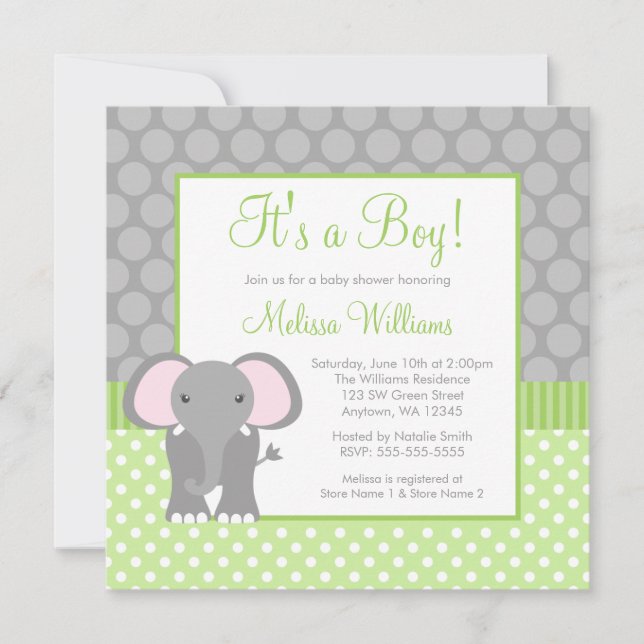 Green Gray Elephant Polka Dot Boy Baby Shower Invitation (Front)